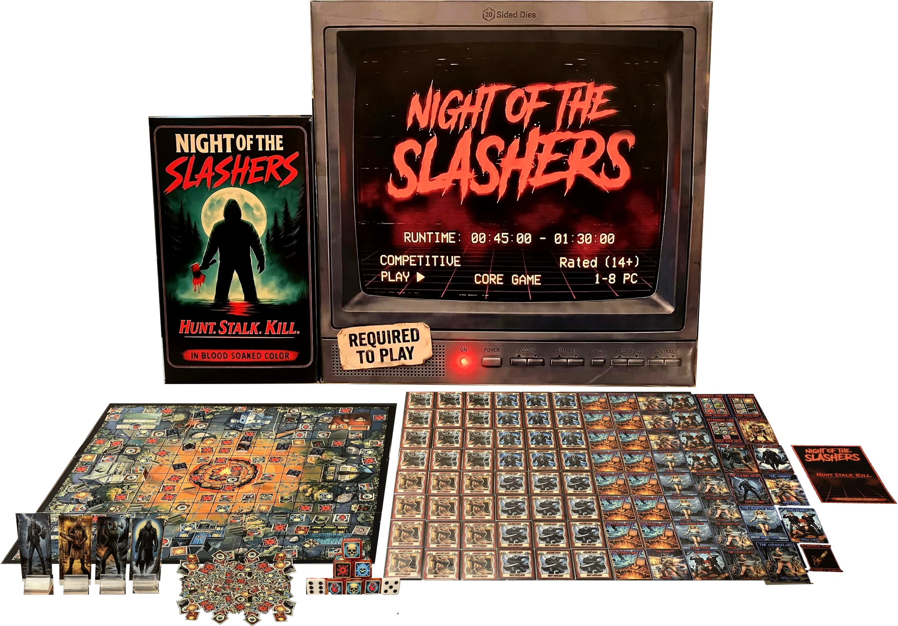 Night of the Slashers core game: the TV box, card deck, board, cards, standees, game pieces and dice