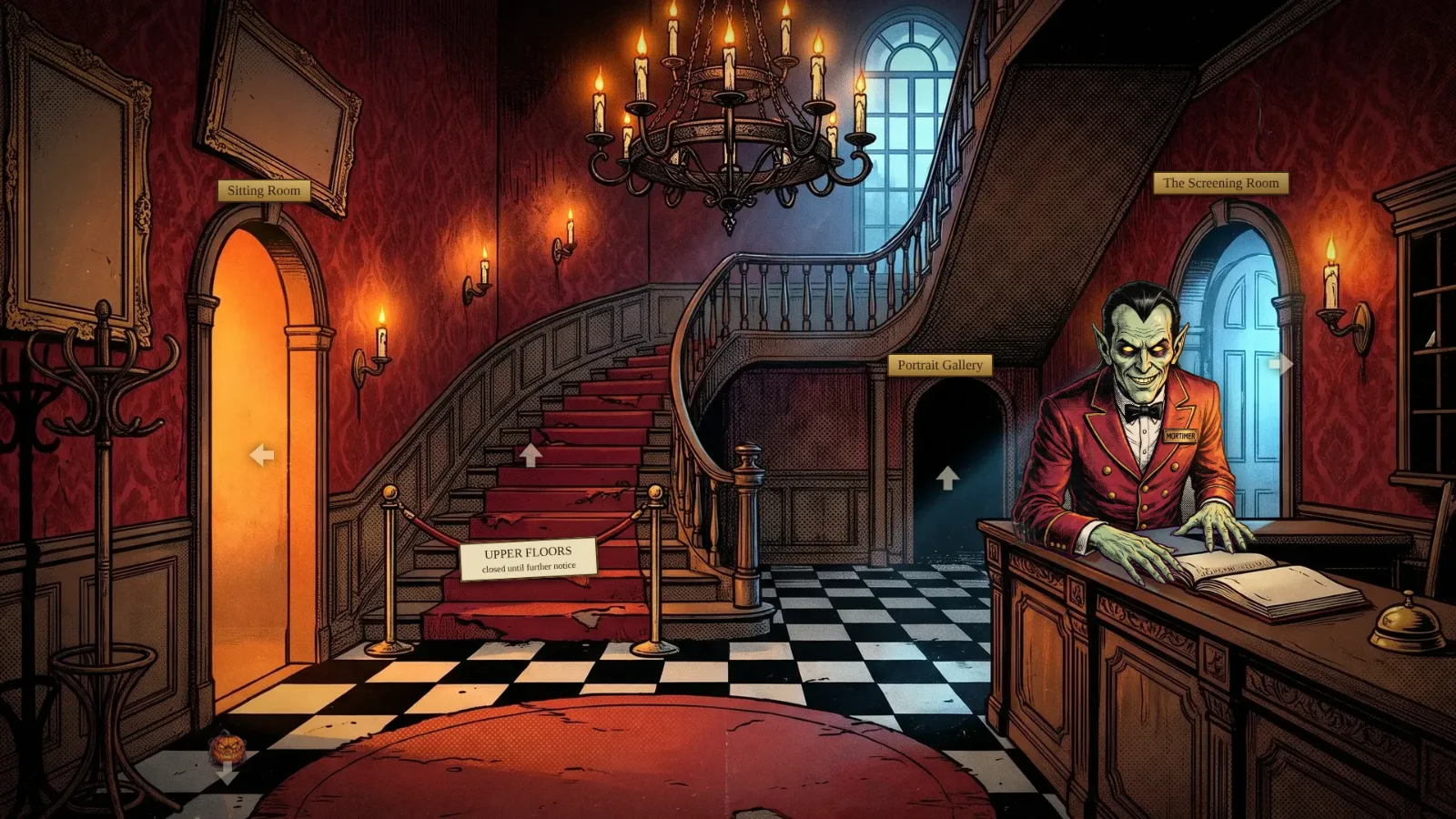 The grand foyer and Mortimer the concierge
