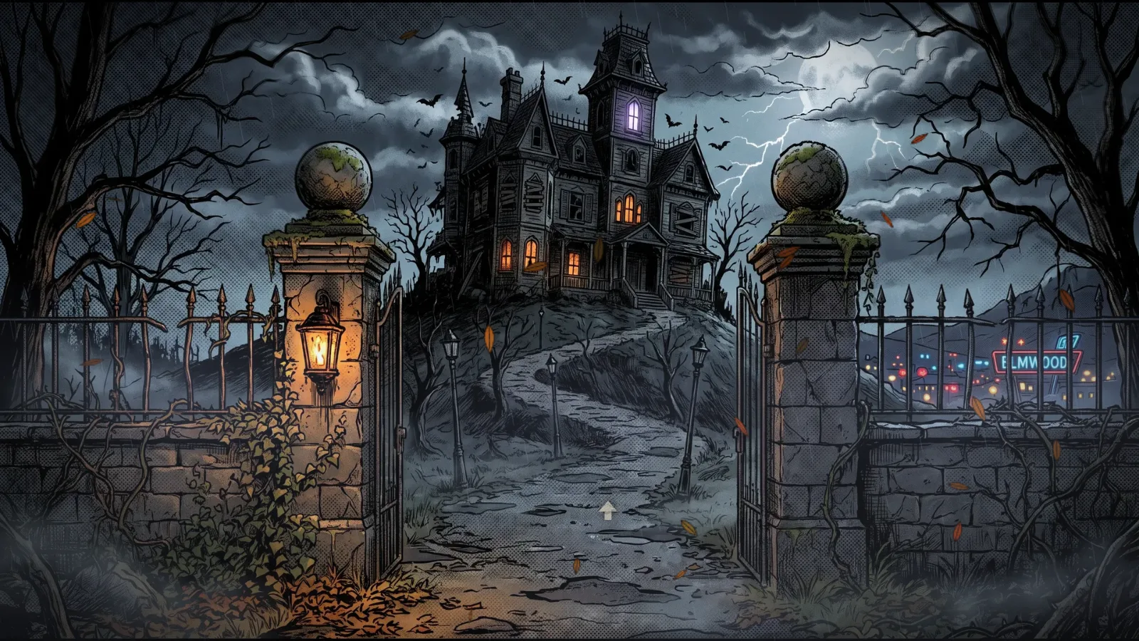 The gates of Elmwood Manor in a storm